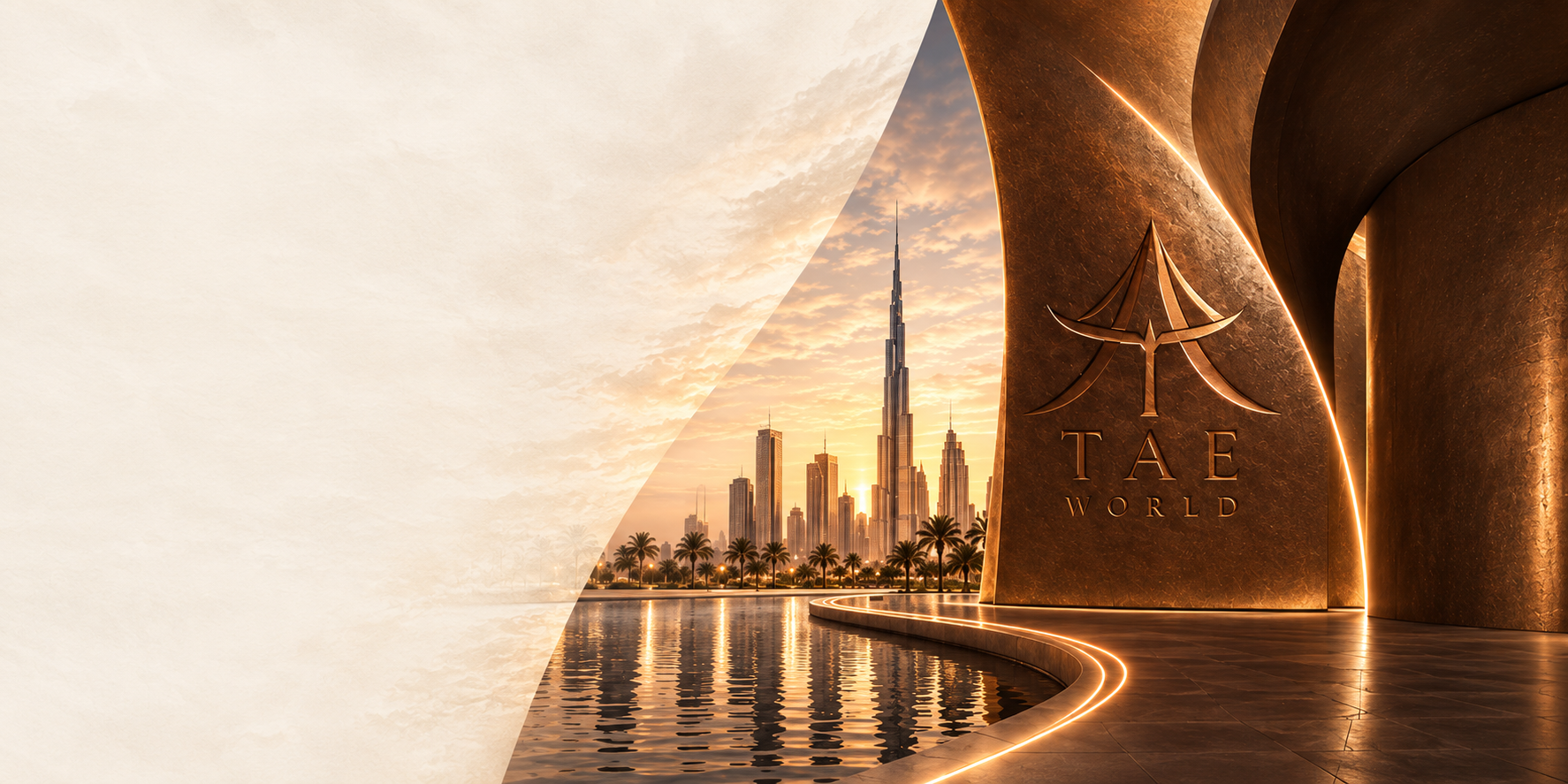 TAE World bronze pillar overlooking the Dubai skyline at golden hour